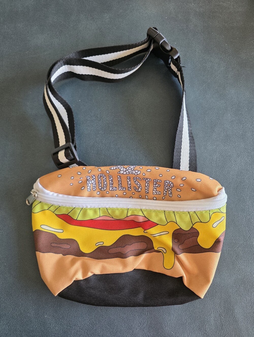 Hollister Cheeseburger Print Fanny Pack with Black Strap